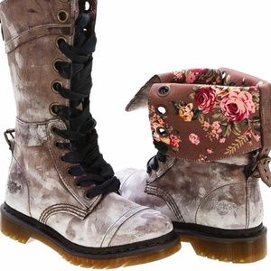 Brown Distressed Leather and Floral Dr. Martens